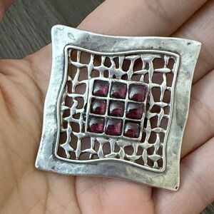 Sterling Silver Tone Square pendant  with Deep Pink Glass Accents